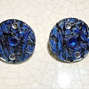 Handpainted round circle blue abstract rhinestoned post pierced earrings